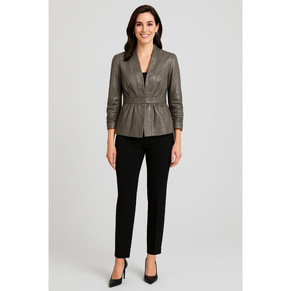 Tart Collections Womens Lamb Leather Jacket Med Peplum Pleated Waist Blazer Gray